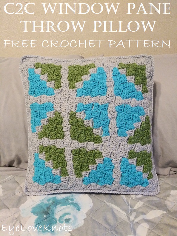 Title image showing finished C2C Window Pane Throw Pillow on a bed.