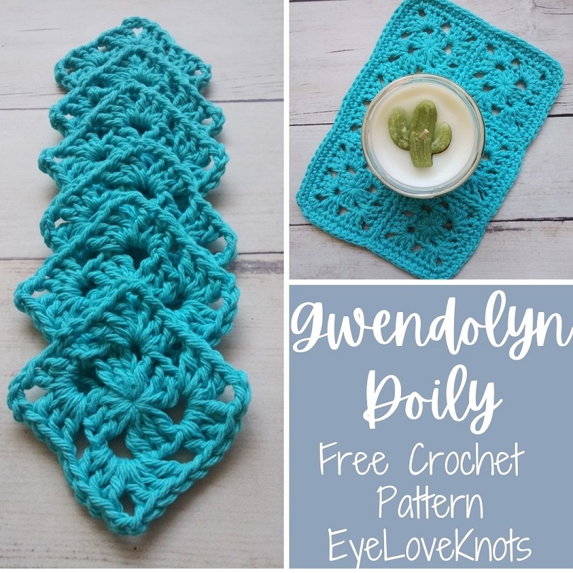 Title image for Gwendolyn Doily Free Crochet Pattern includes a photo of six blue granny squares in a line, and the finished doily with a candle on top.