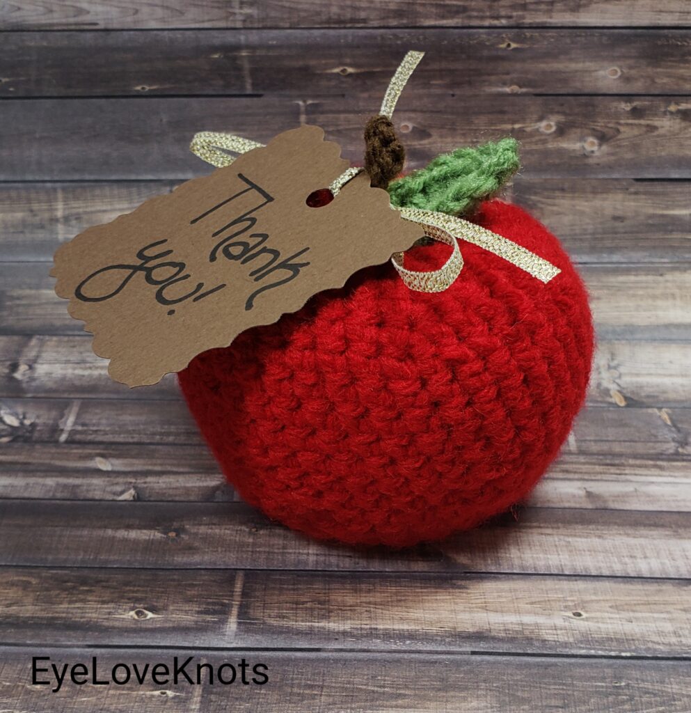 Crocheted apple with Thank You tag