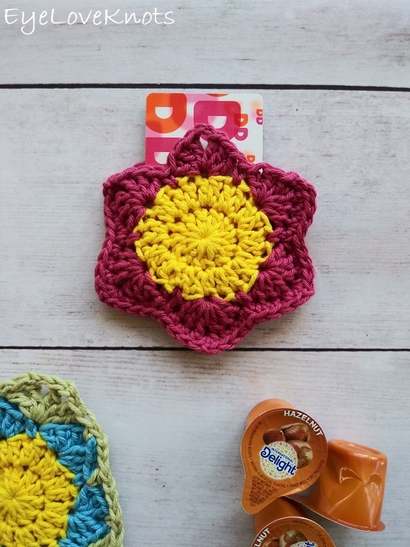 Lily's blue and yellow Floral Mug Rug,  Lily's pink Floral Gift Card Holder, hazelnut coffee creamers, EyeLoveKnots