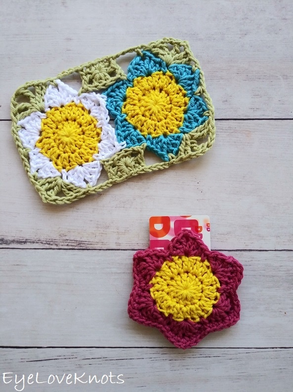 crocheted floral mug rug and gift card holder, EyeLoveKnots, Lily's Floral Mug Rug, Lily's Floral Gift Card Holder