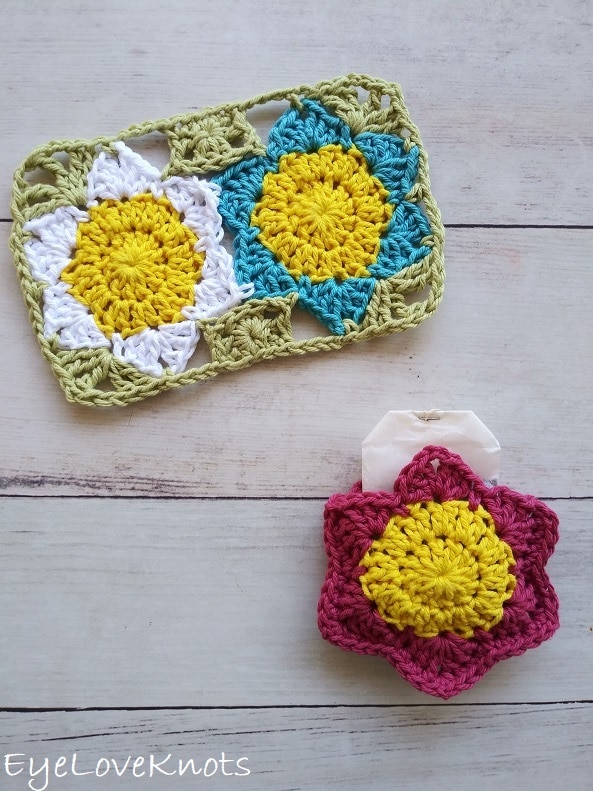 Lily's blue and white Floral Mug Rug paired together with Lily's pink Floral Tea Bag Pocket, EyeLoveKnots