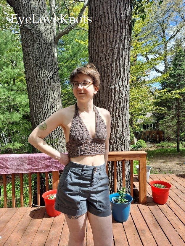 brown crocheted Summer top with gray shorts, EyeLoveKnots, women's Summer outfit