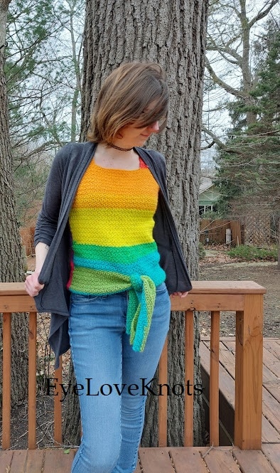 My first crochet jacket made from glittery rainbow yarn I got from